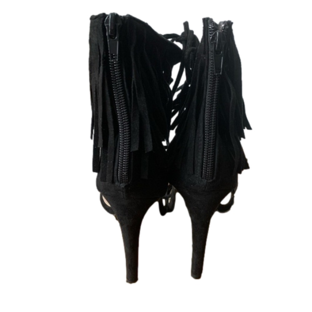 2/$30 QUPID Black Suede Fringe Tassel Strappy Wrap Heel Sandal Women’s Size 8 - Picture 6 of 9